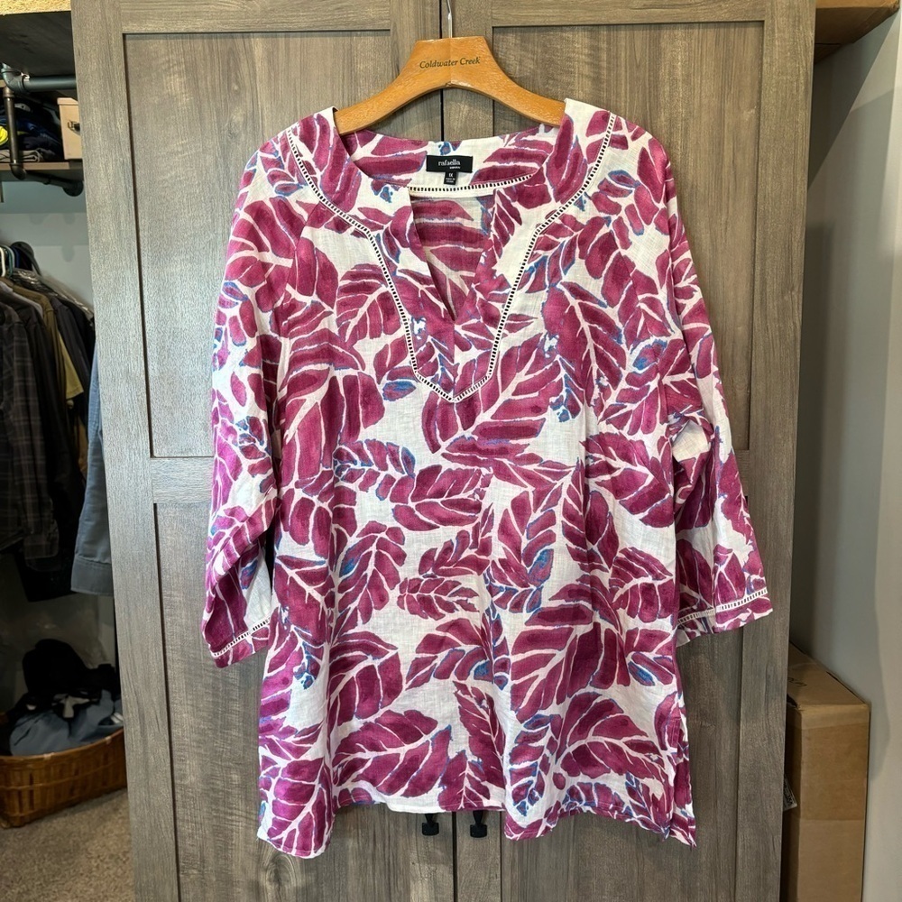 Rafaella Woman 1X Tunic Linen 3/4 Sleeves Tropical Floral Pink White Top